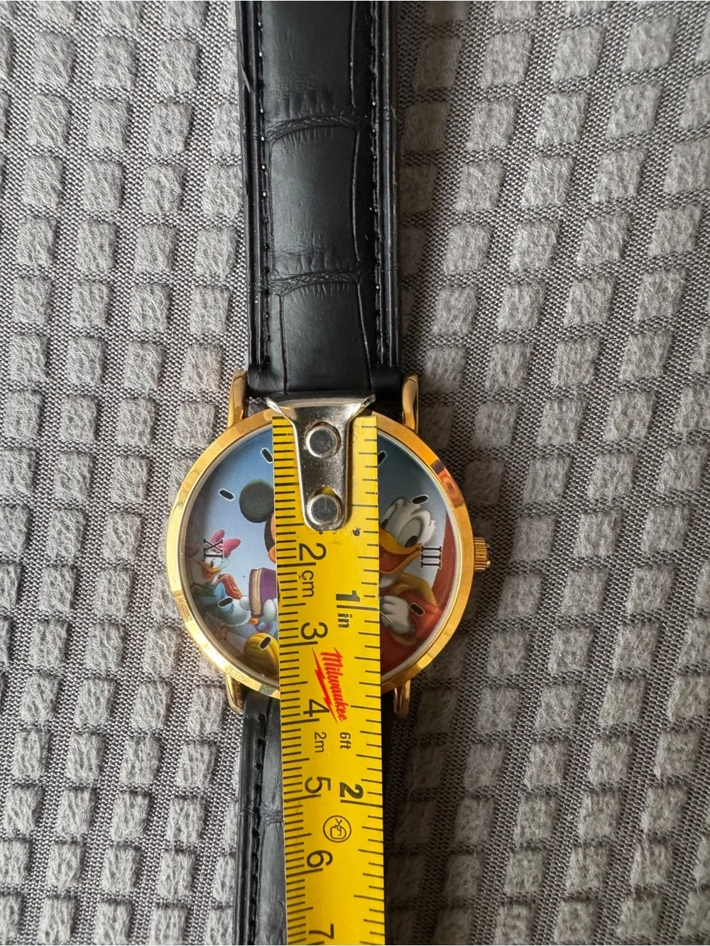 Vintage Disney Mickey Donald Daisy Watch Gold Tone Black Genuine Leather Band